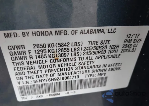 2018 Honda Pilot Touring z USA, uszkodzony, nr VIN 5FNYF6H92JB004710